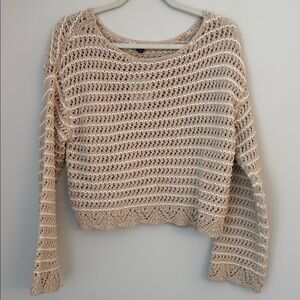 American Eagle Beige and White Striped Crochet Knit Croped Sweater NWT